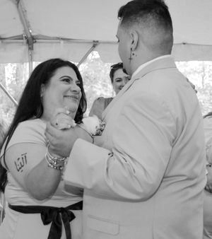 Black and white photo sequence showing a couple dancing together in formal attire at what appears to be a wedding reception.