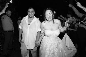 Black and white photos of wedding reception showing dancing and celebration on the dance floor.