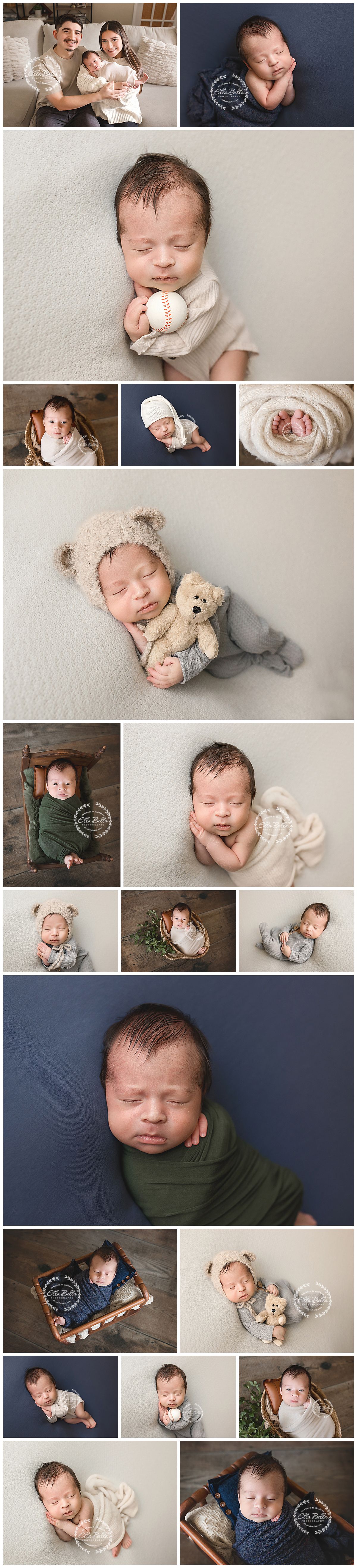 A collection of professional newborn photography portraits featuring baseball, teddy bear props and soft neutral wraps and backdrops.