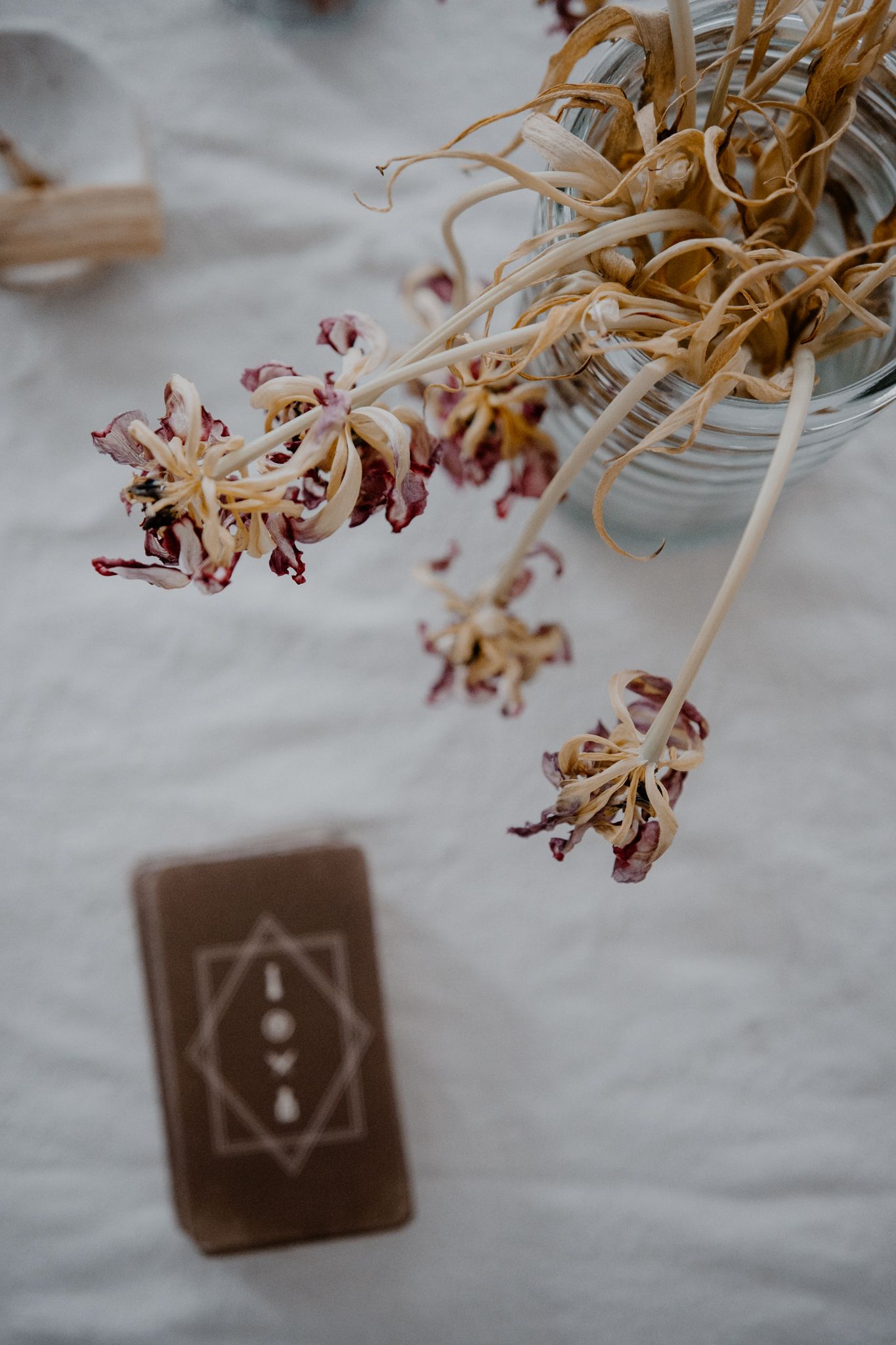 Dried flowers hang above small brown tiles with minimalist symbols etched on them against a white background.
