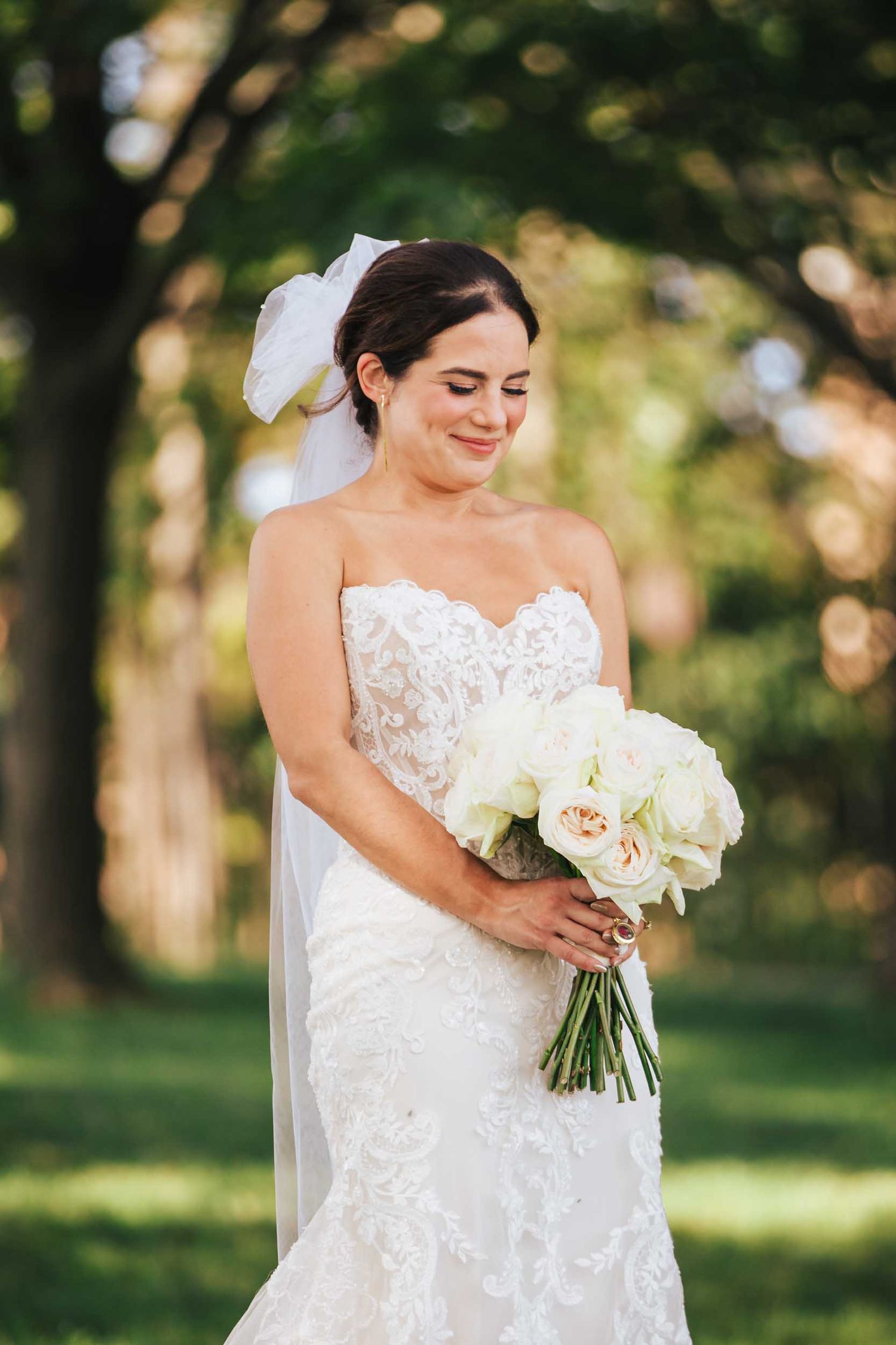 Close up bridal portrait with bouquet during wedding photos at Dorchester Heights in Boston