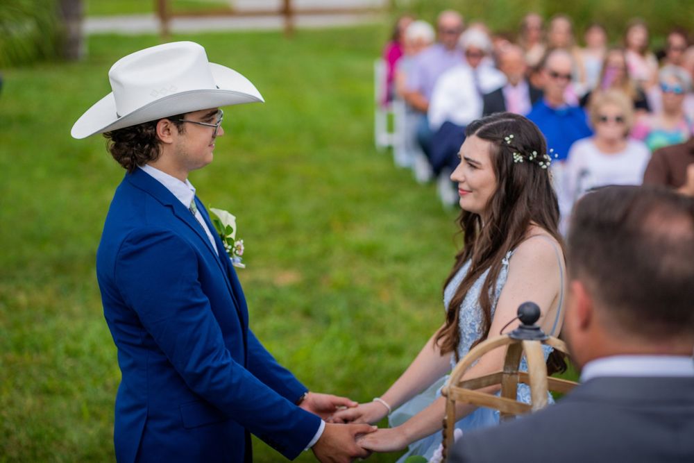 A series of outdoor wedding ceremony photos showing guests and decorations in a green garden setting.