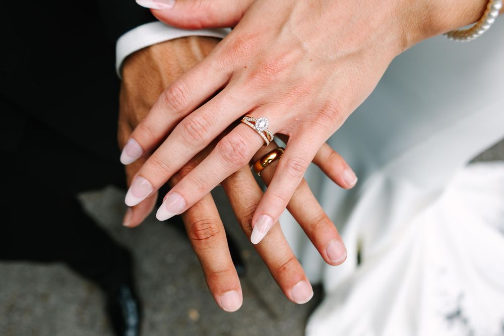 Close-up of hands showing wedding rings against various blurred backgrounds in a photo collage.