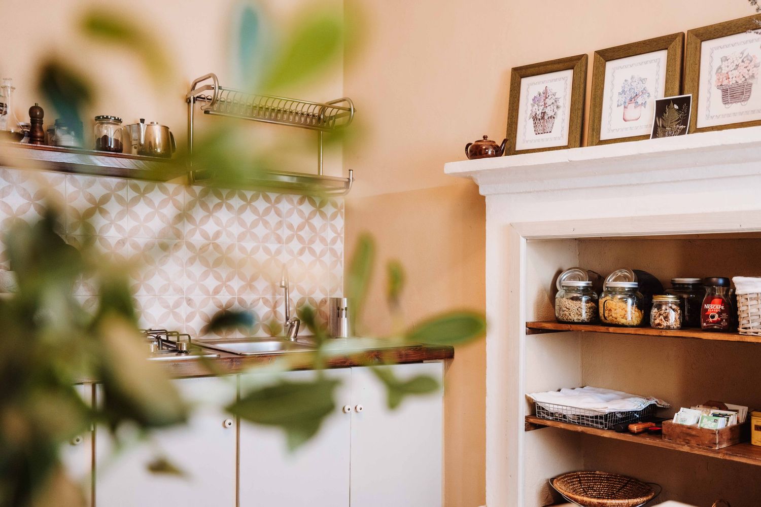 A cozy kitchen interior with open shelving displaying jars, plants, and decorative items against a warm-toned wall.