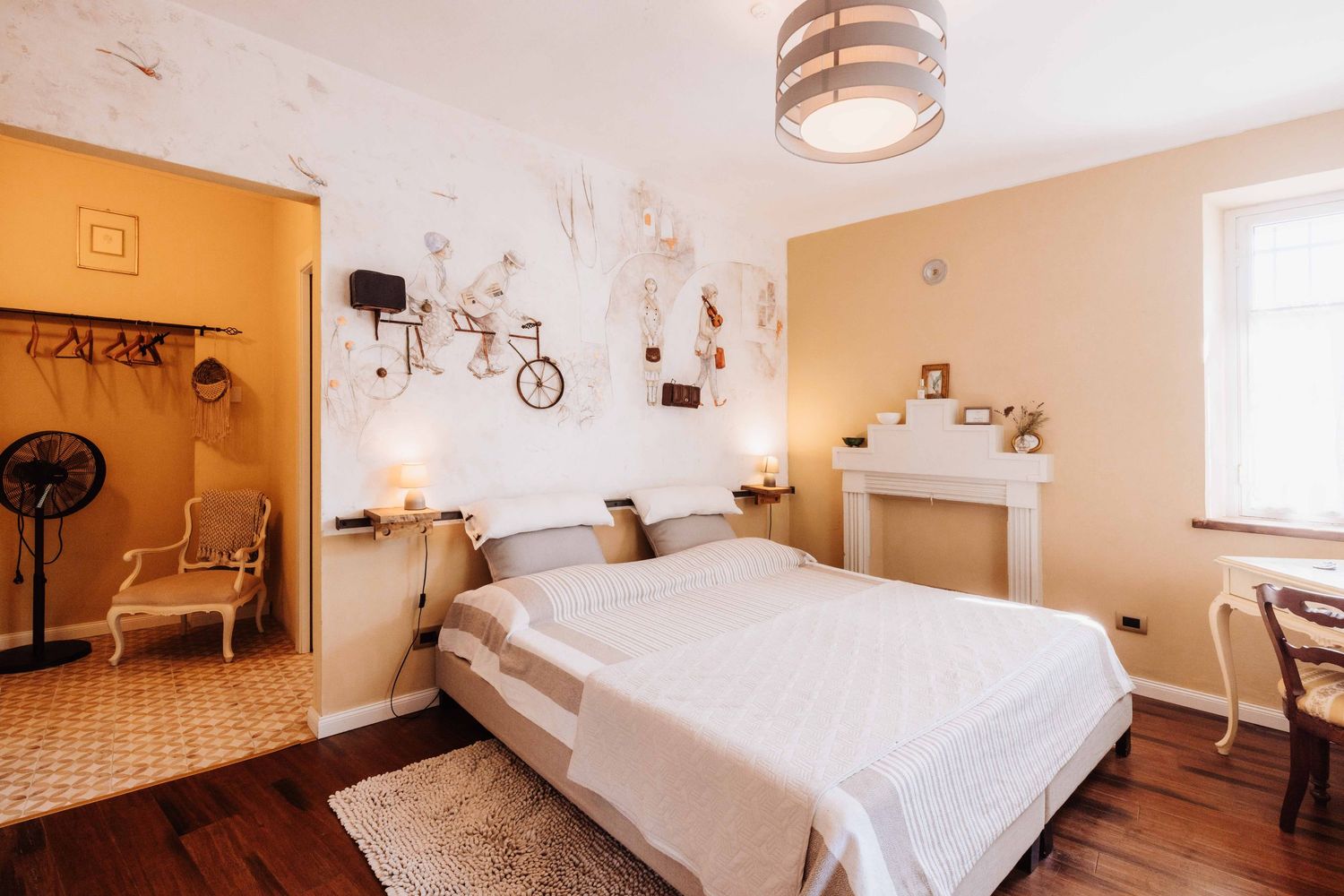 A series of interior bedroom photos showing white bedding and beige walls in a modern minimalist style.