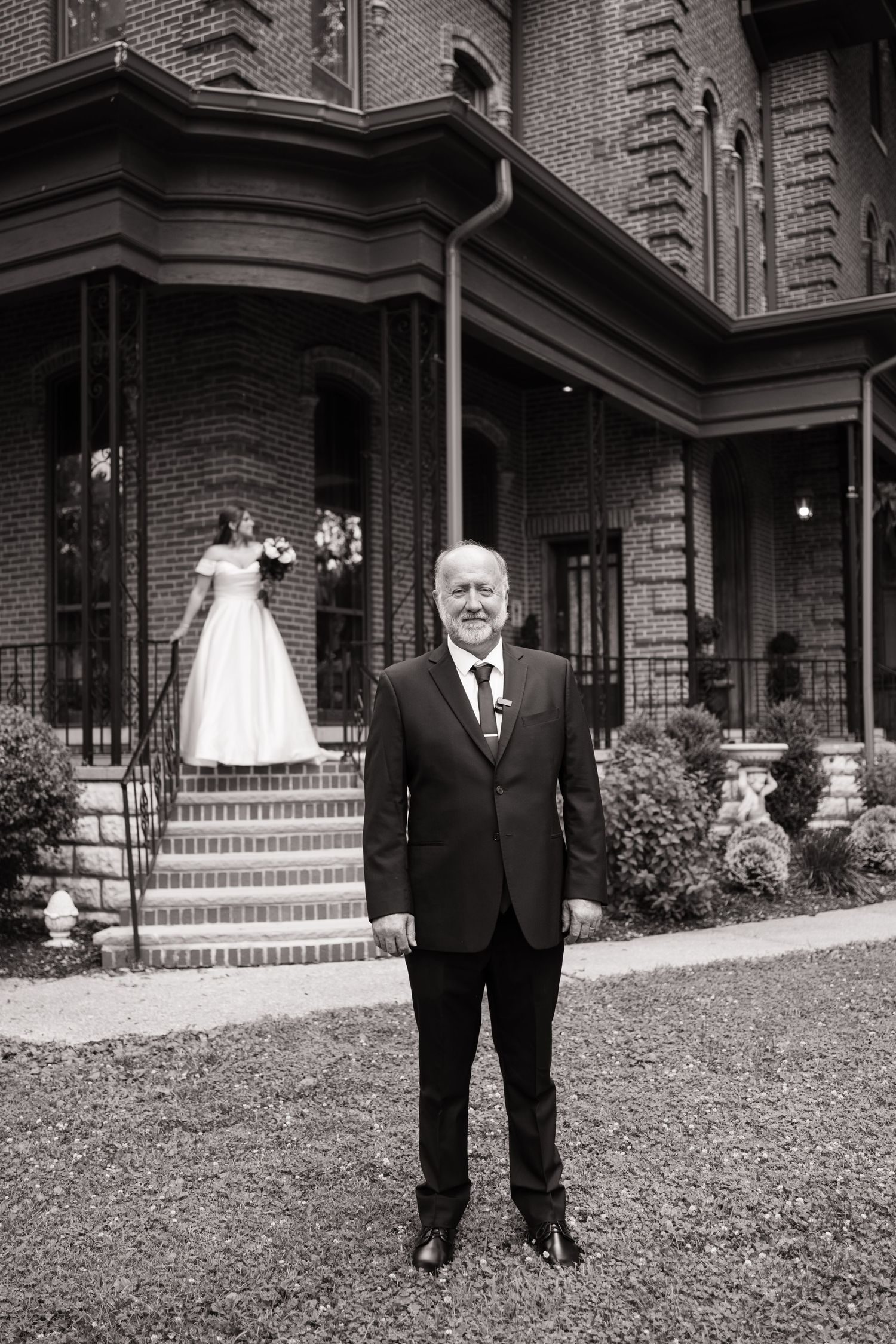 First look with the father of the bride at The Brinkerhoff Mansion in Jacksonville Illinois. Jacksonville, Illinois wedding.