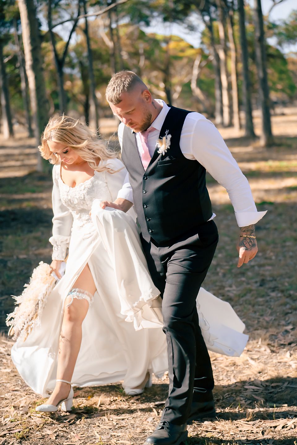 A romantic sequence of wedding photos showing a couple dancing and dipping in a wooded outdoor setting.