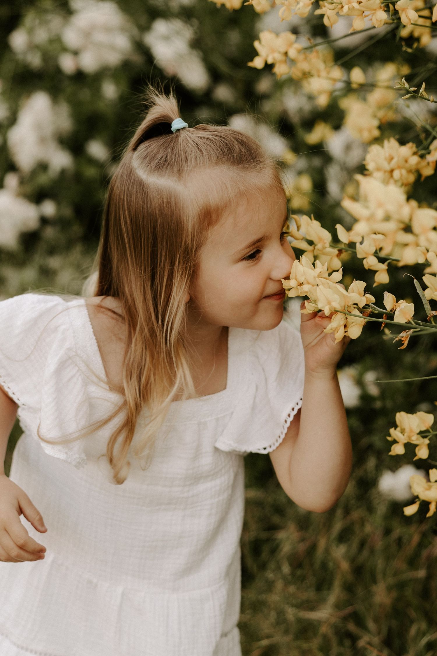 A child in a white dress smells yellow flowers blooming on a bush in a dreamy outdoor setting.