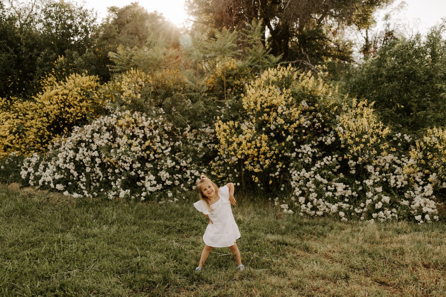 A figure in a white dress twirls in a garden with blooming white and yellow flowers on a sunny afternoon.