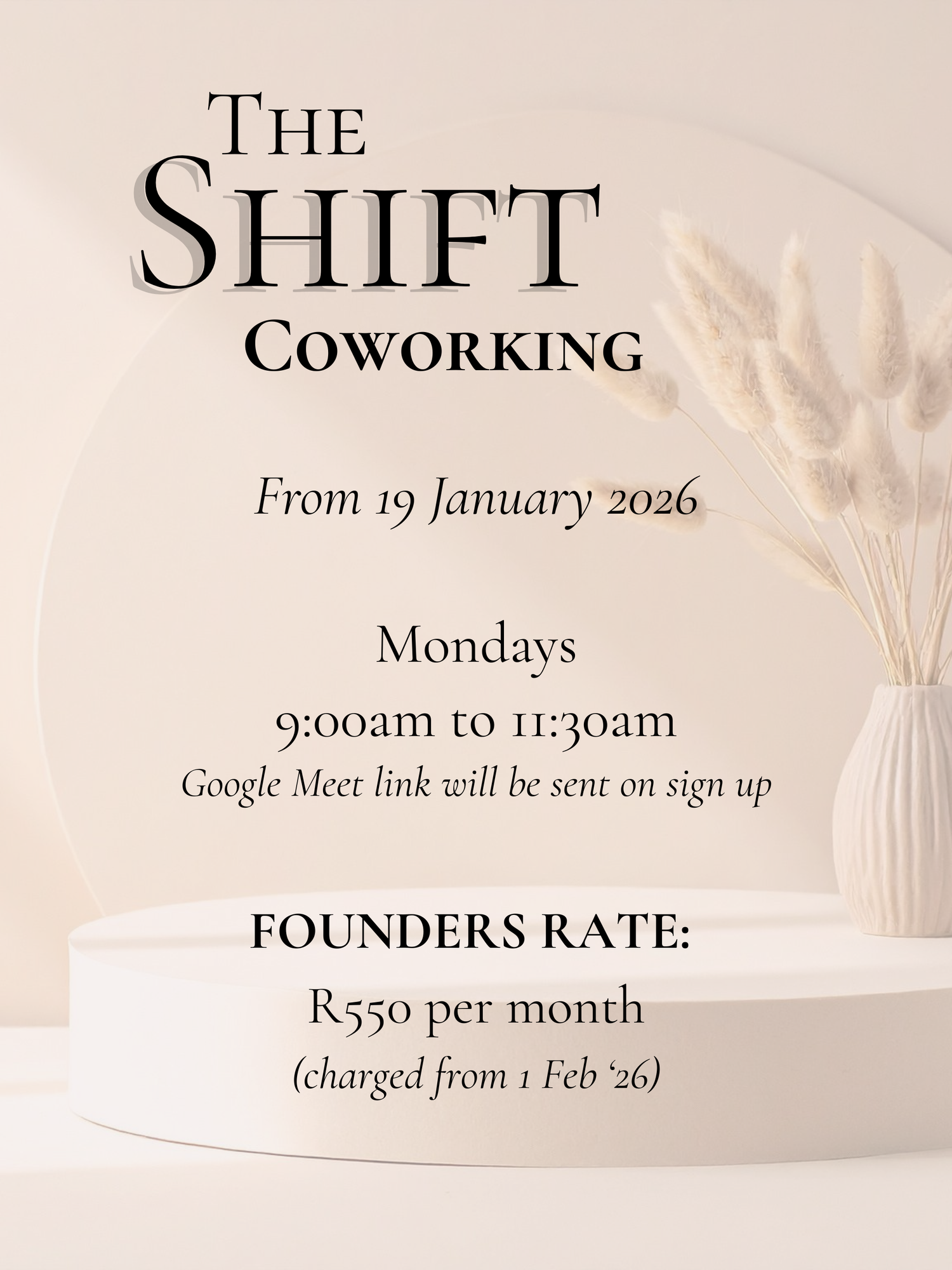 Minimalist logo design for The Shift Coworking featuring elegant text on a neutral beige background with dried floral elements.