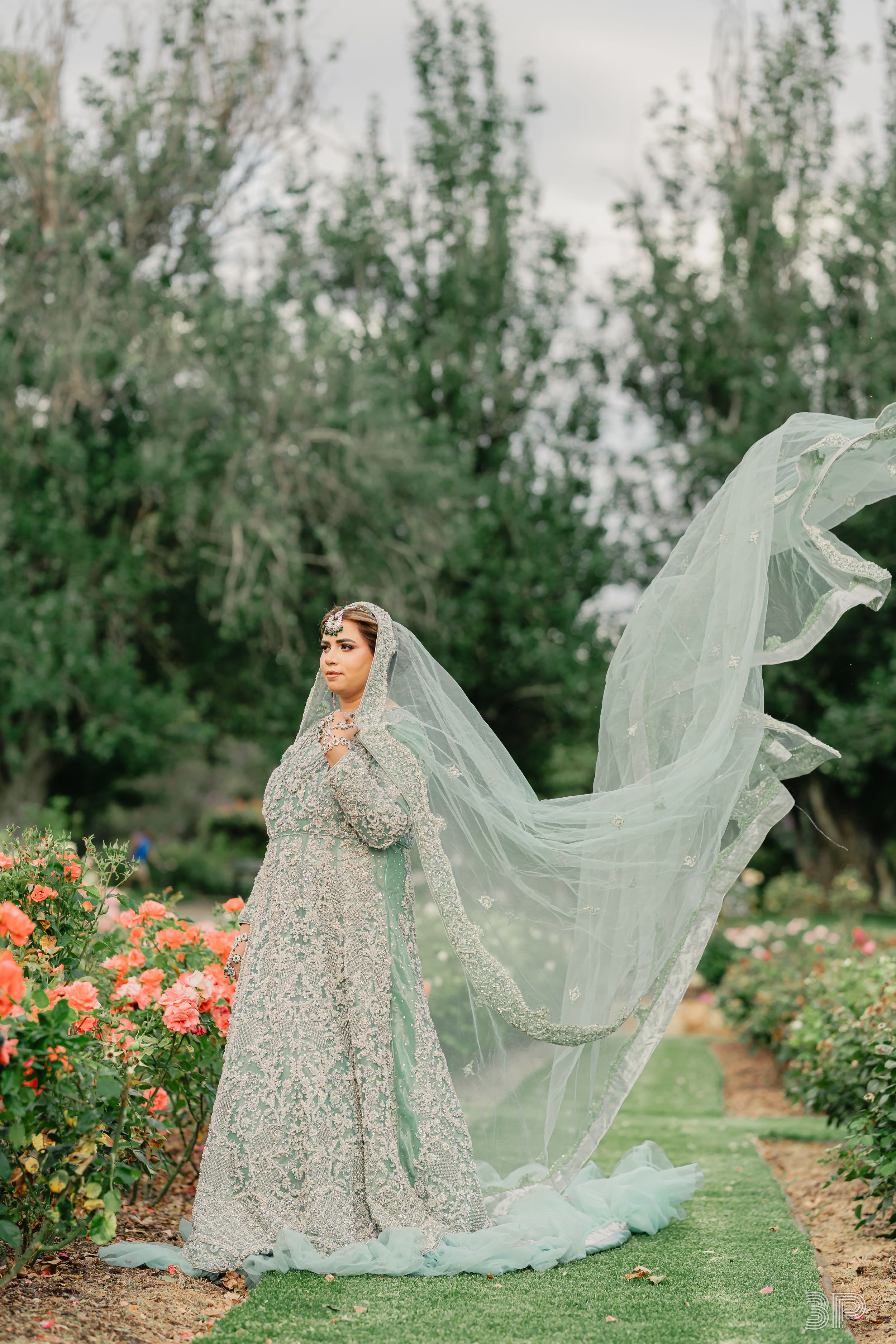 A flowing mint green veil billows gracefully in a garden path lined with blooming roses and greenery.