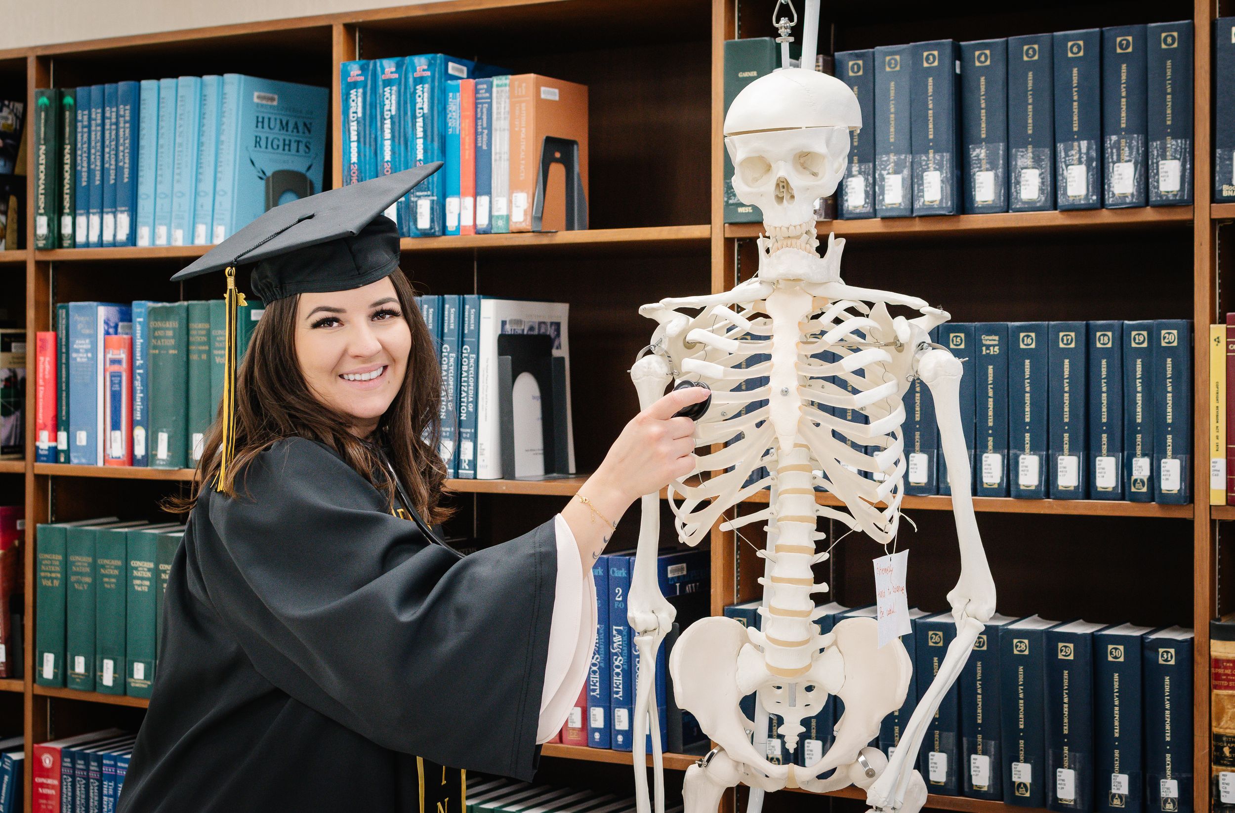 Nursing graduation photos inside the Pacific Lutheran University library in Tacoma, Washington.