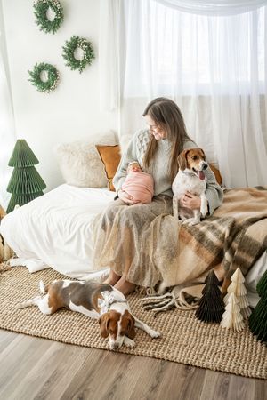 Beagle dog and companion relaxing on cozy floor with holiday decorations and paper trees in background.