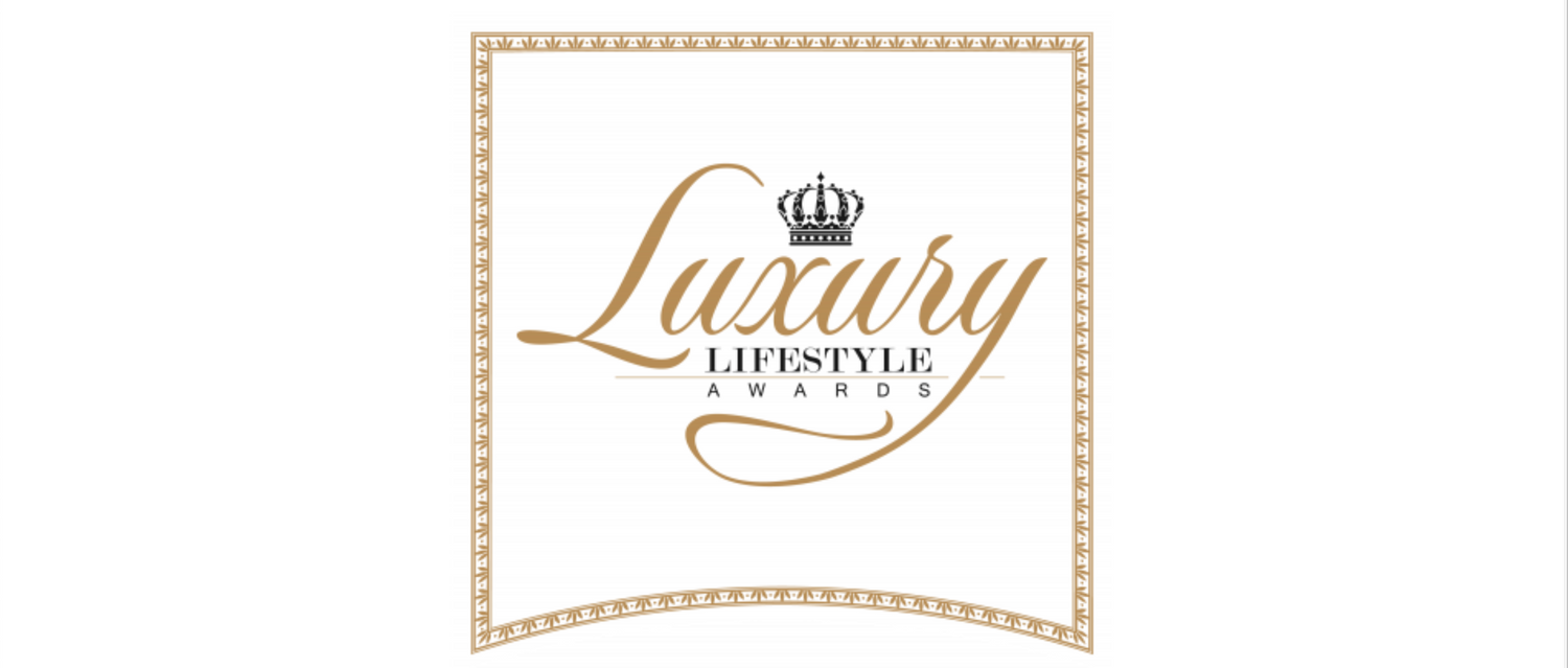 Elegant 'Luxury' logo design with cursive typography and crown emblem in beige dotted border frame.