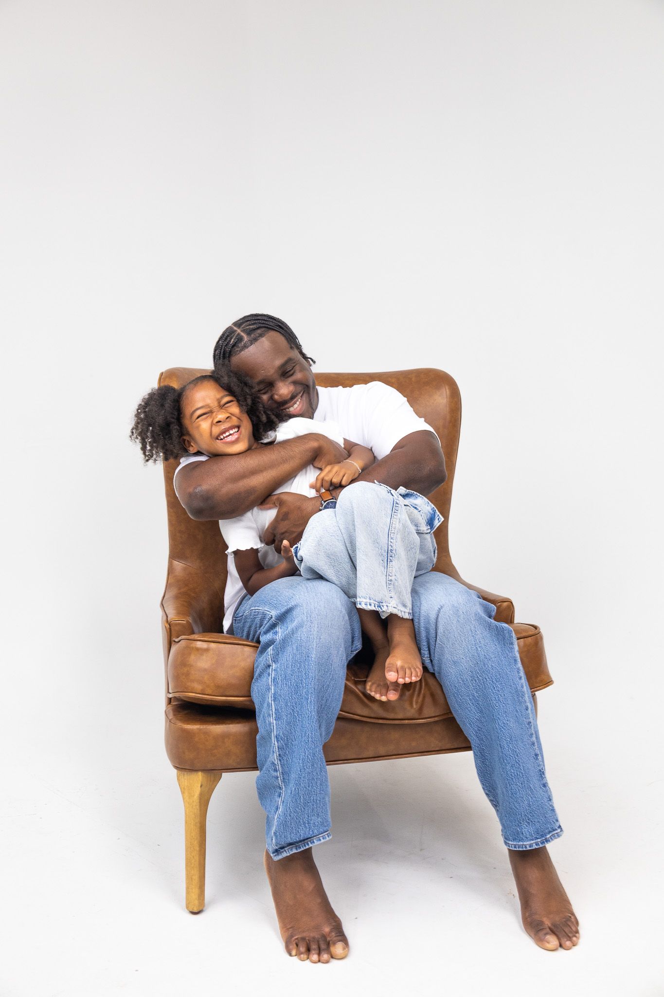 Three connected photos show a relaxed figure lounging comfortably on a brown leather chair against a white background.