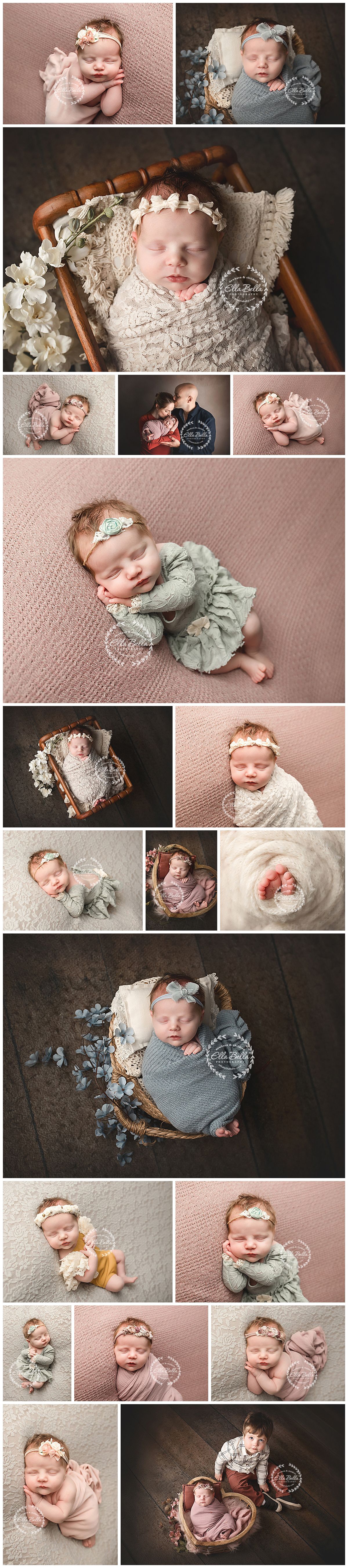 Newborn photography session featuring soft pastel colors, delicate lace wraps, and vintage wooden props in a studio setting.
