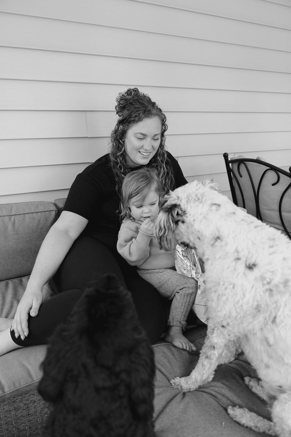 A heartwarming sequence shows a black dog and white dog giving kisses to someone relaxing on a porch bench.