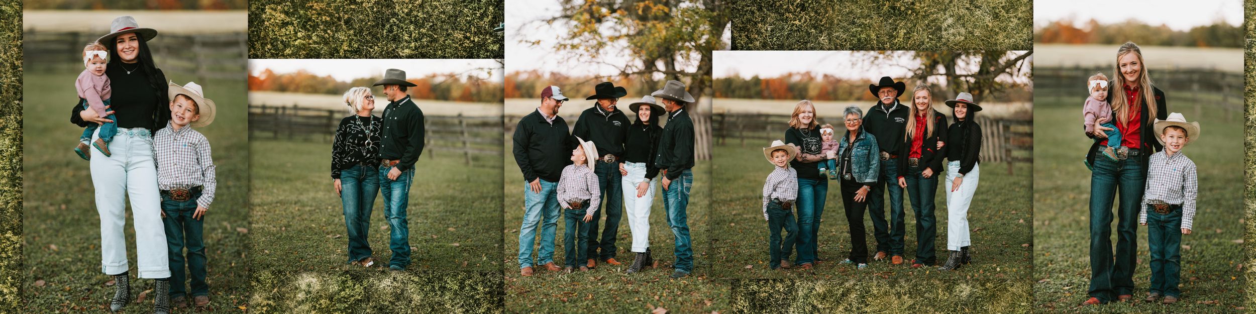 A series of candid outdoor photos showing people walking together and posing in casual settings during autumn.
