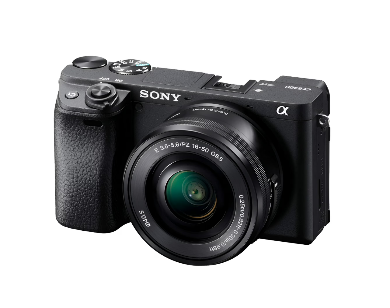 Sony Alpha a6400 mirrorless camera with a 16-50mm kit lens on a white background.