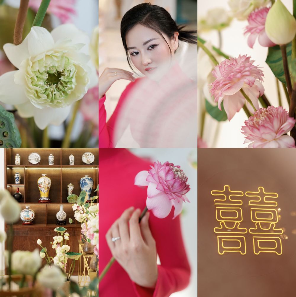 Wedding themed collage featuring pink and white flowers, lanterns, and traditional Chinese double happiness symbol.