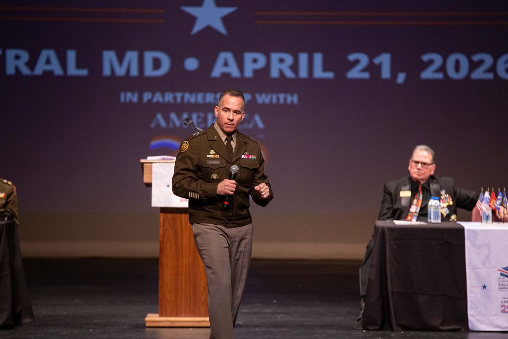 Military officer speaks at podium during Central MD event on April 21, 2026, in partnership with ANAVETS.