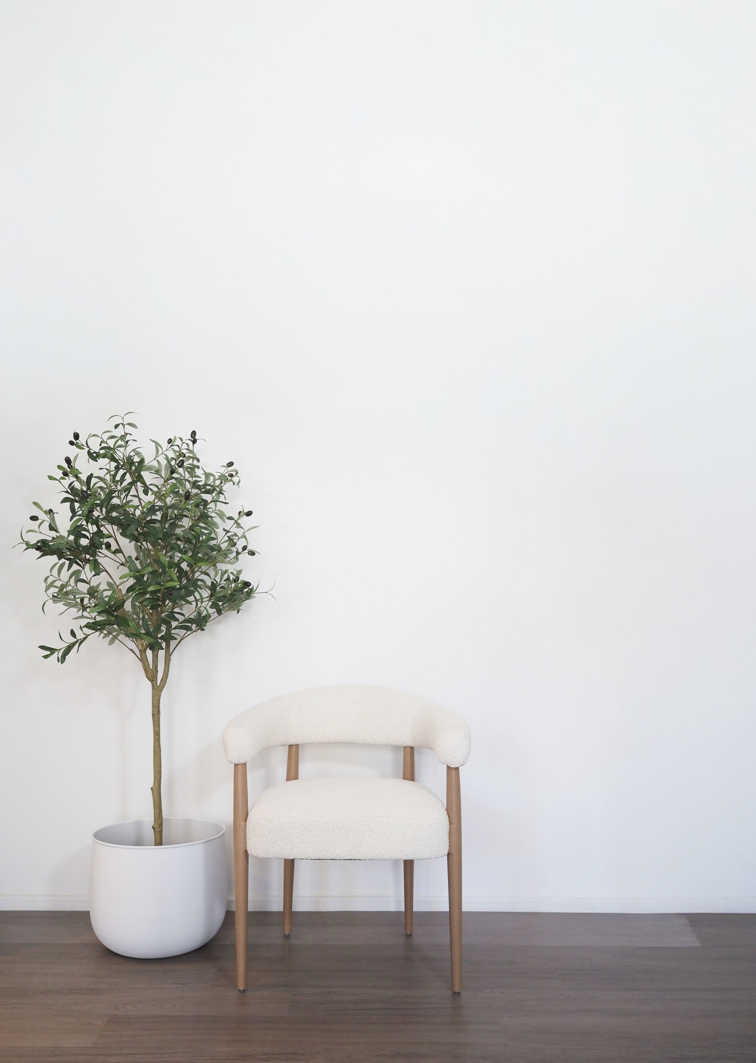 Minimalist home decor showing white chairs and potted plants arranged in sequence against a light wall.