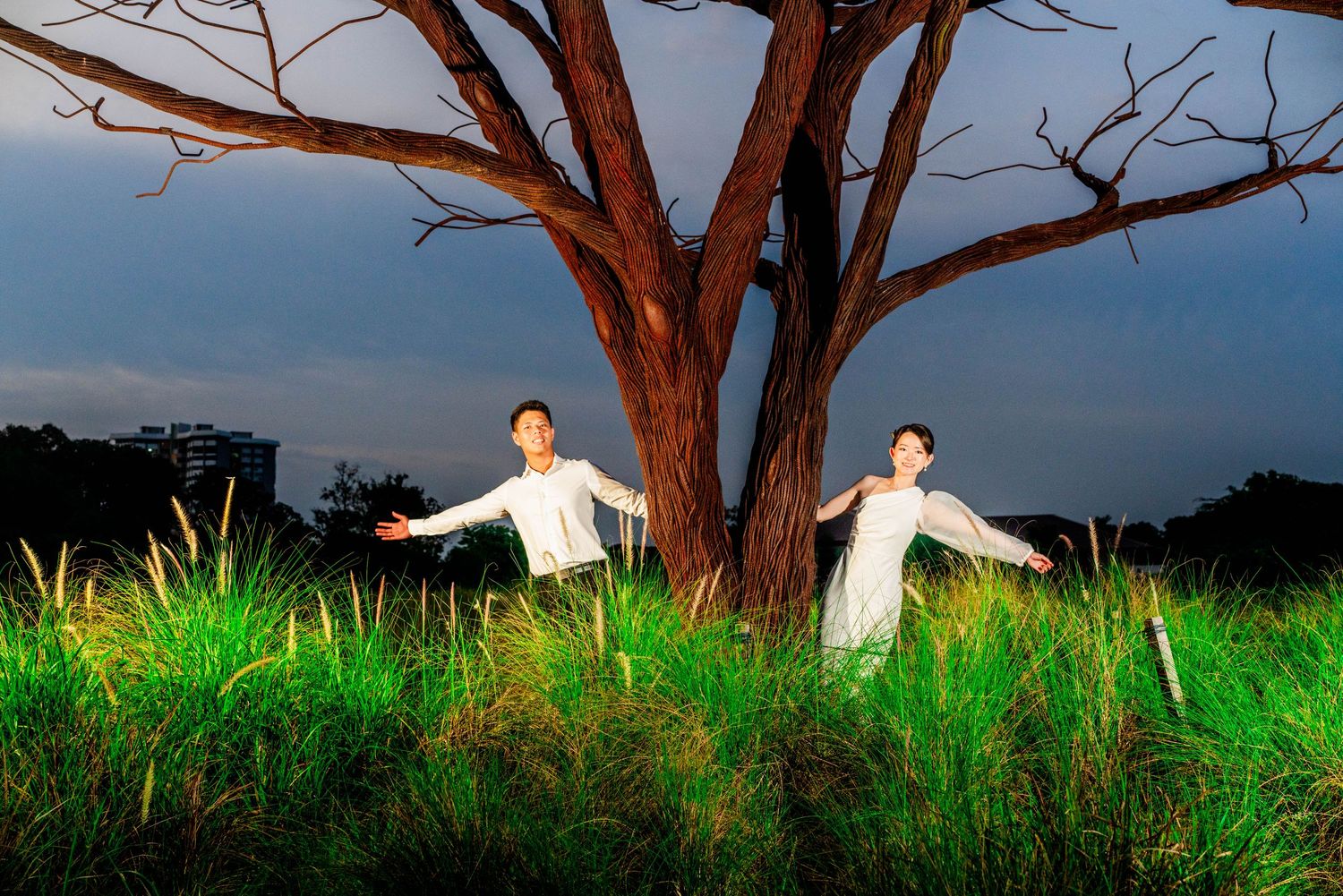 Two figures dance in vibrant green grass field at dusk beneath a dramatic tree.