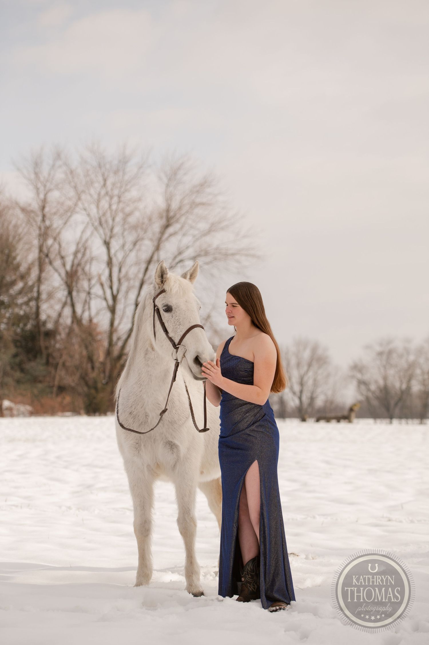 A person in an elegant navy dress poses with a white horse in a snowy field.