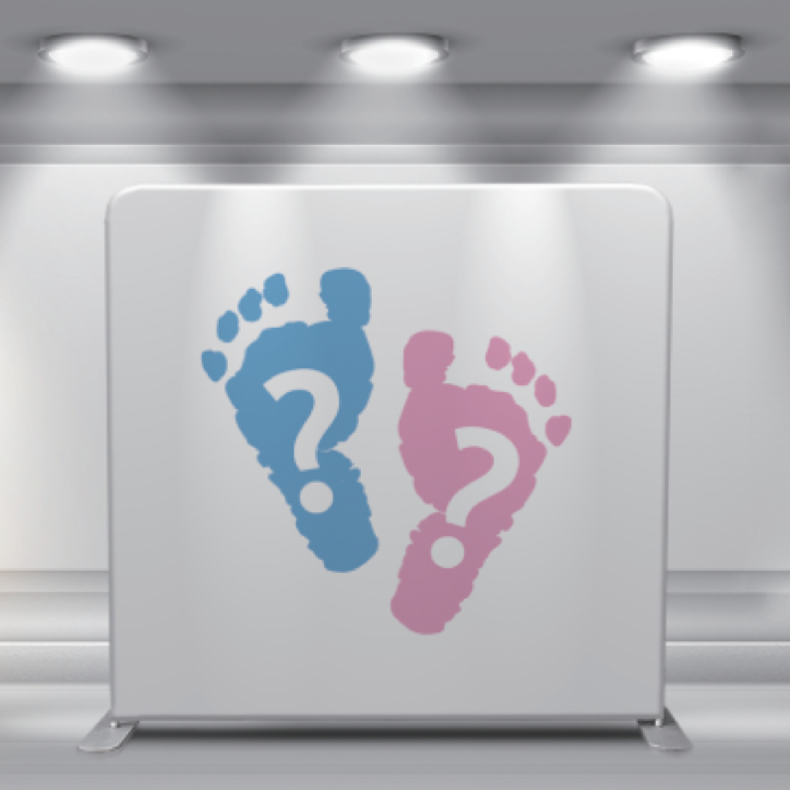 Blue and pink baby footprint silhouettes with question marks on a light gray background.