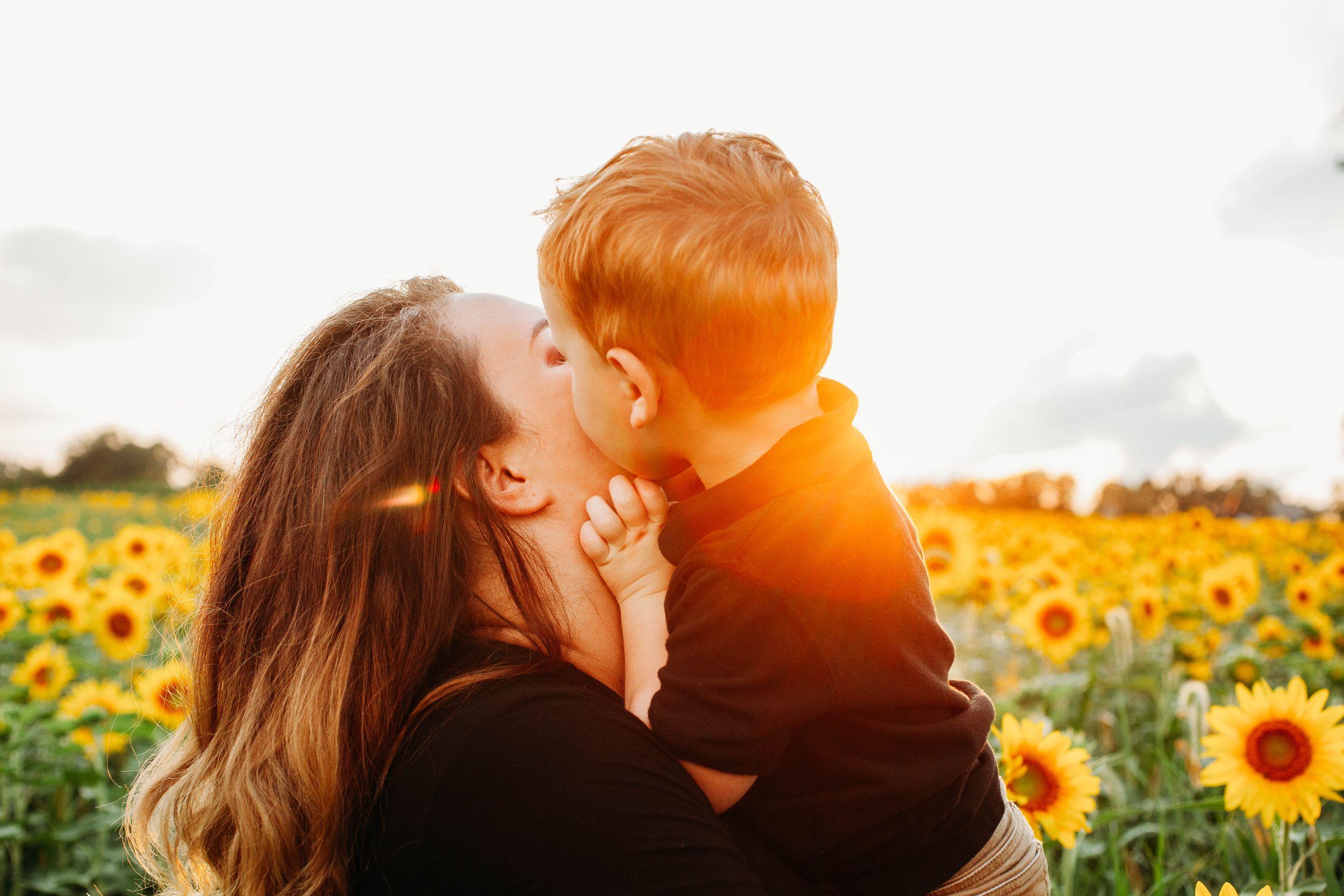 Mother kissing young red-haired child in golden sunflower field during warm sunset.