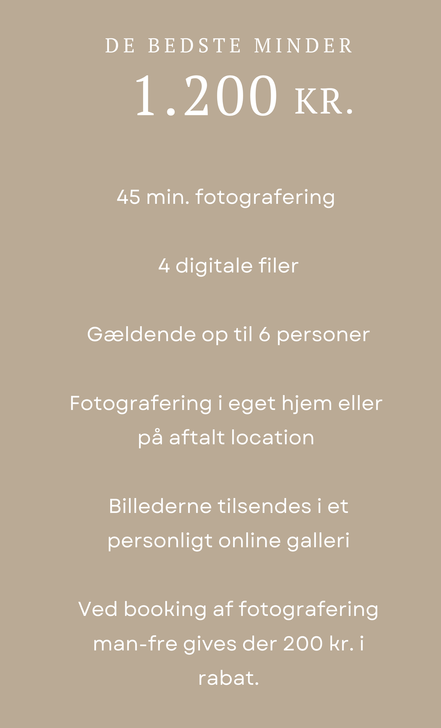 Danish photography pricing menu showing package details for 1200 kr including 45 minute session and 4 digital files.