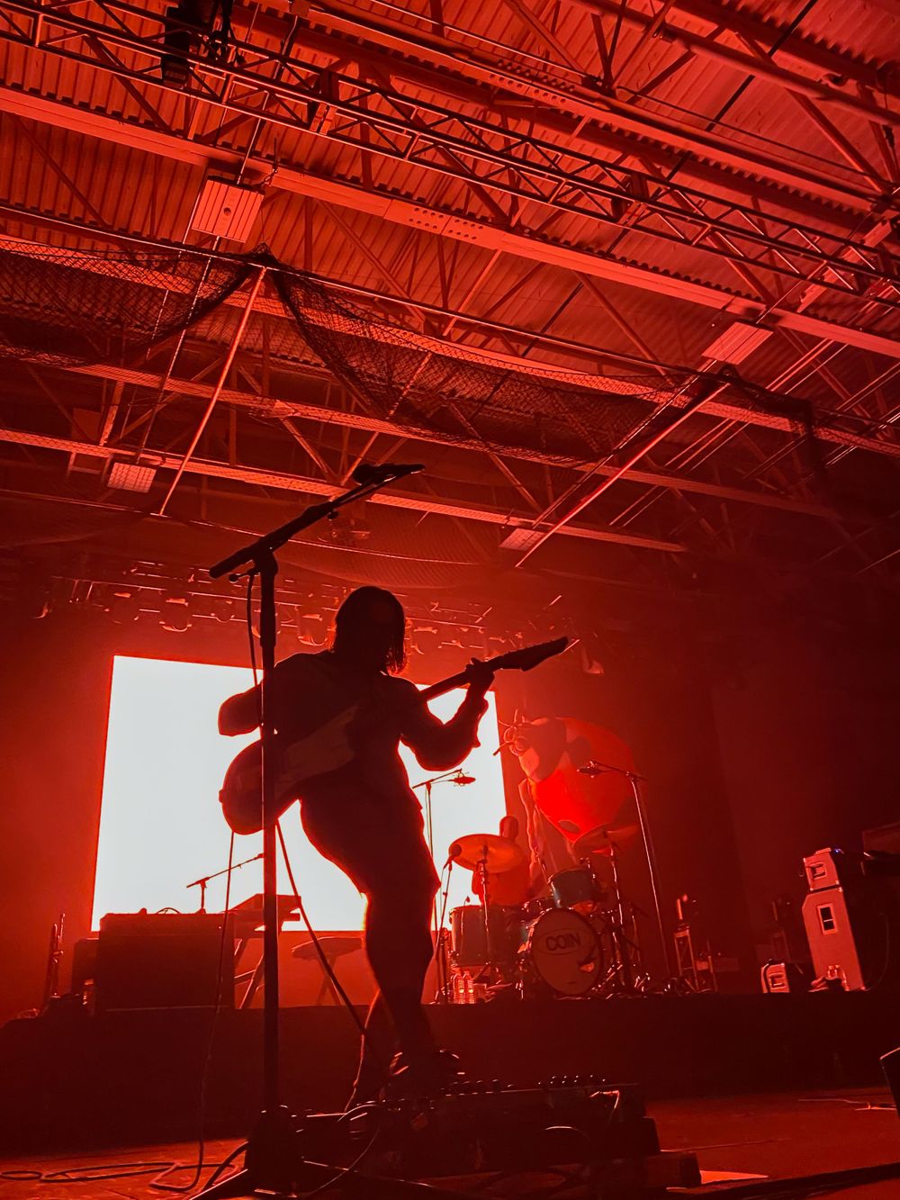 Silhouetted musician performing against bright white backdrop with red ambient lighting.