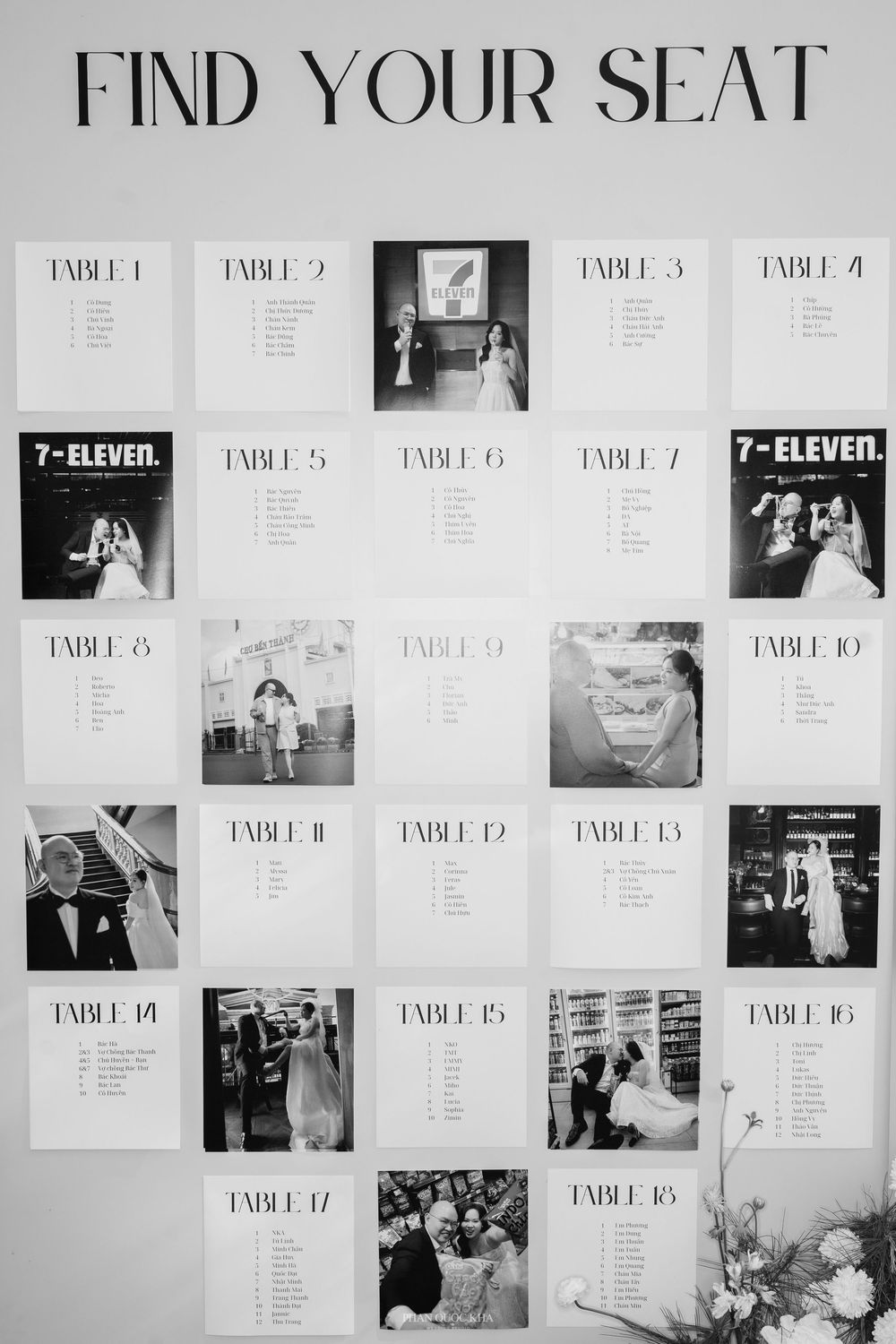 Black and white wedding seating chart display titled Find Your Seat with couple photos at each table.