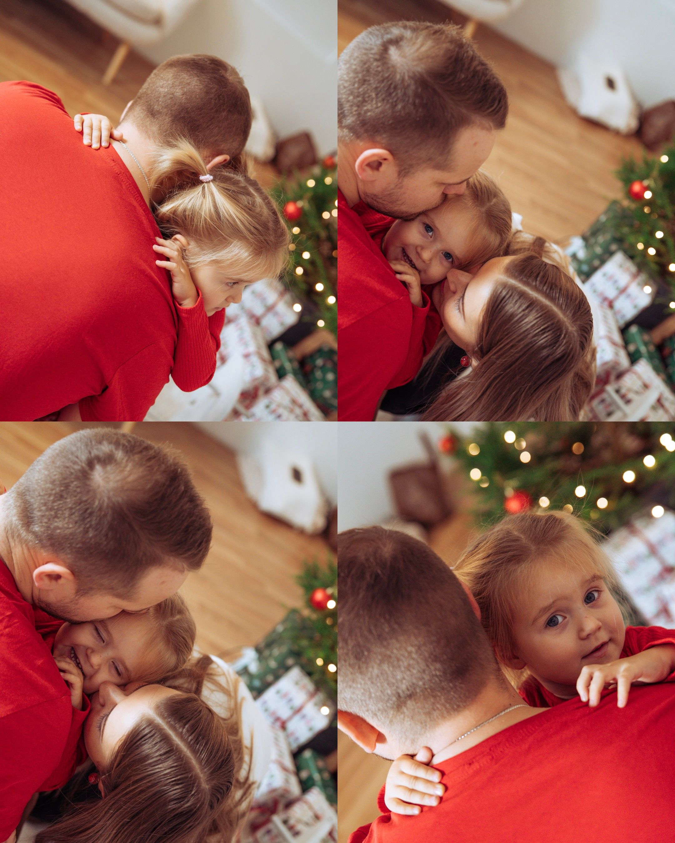 A family shares playful moments together during a Christmas photo session with festive decorations.