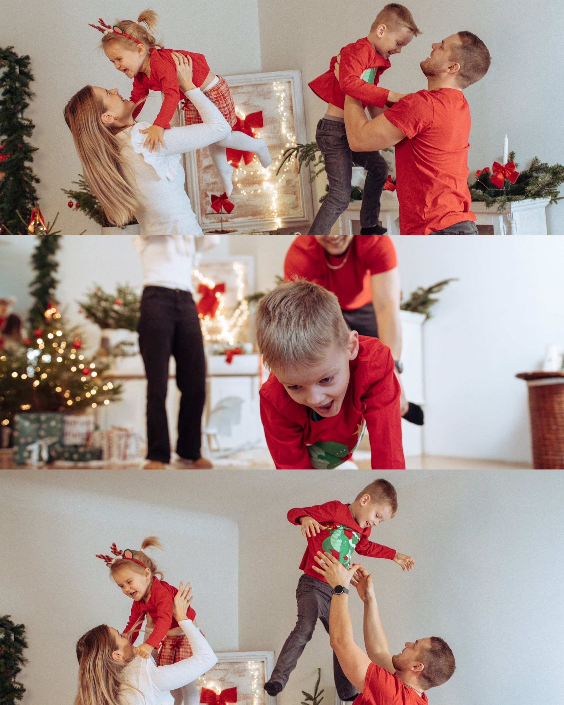 Candid family moments captured during a Christmas photoshoot with a decorated tree in the background.