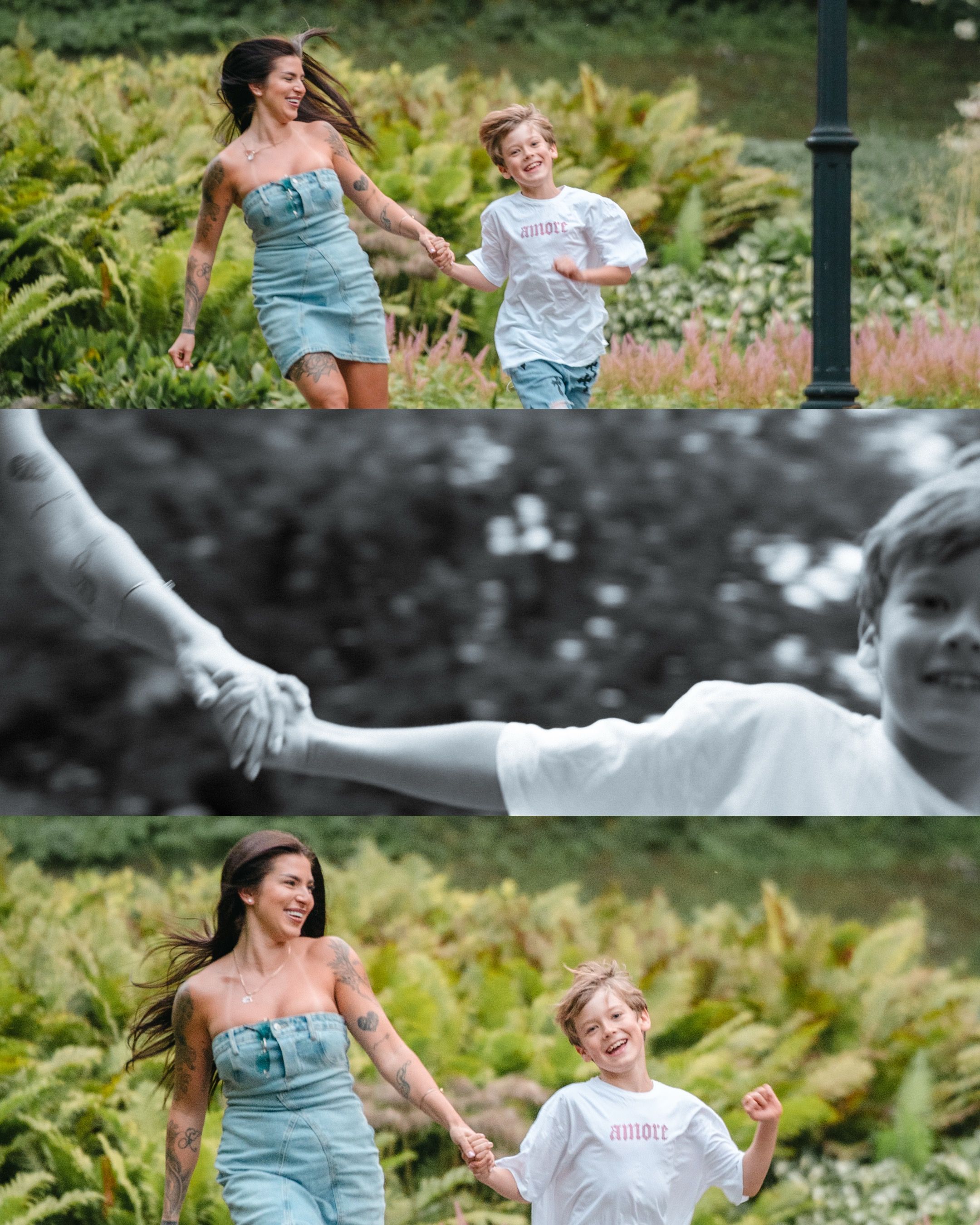 Playful outdoor photoshoot in a garden setting with natural summer lighting.