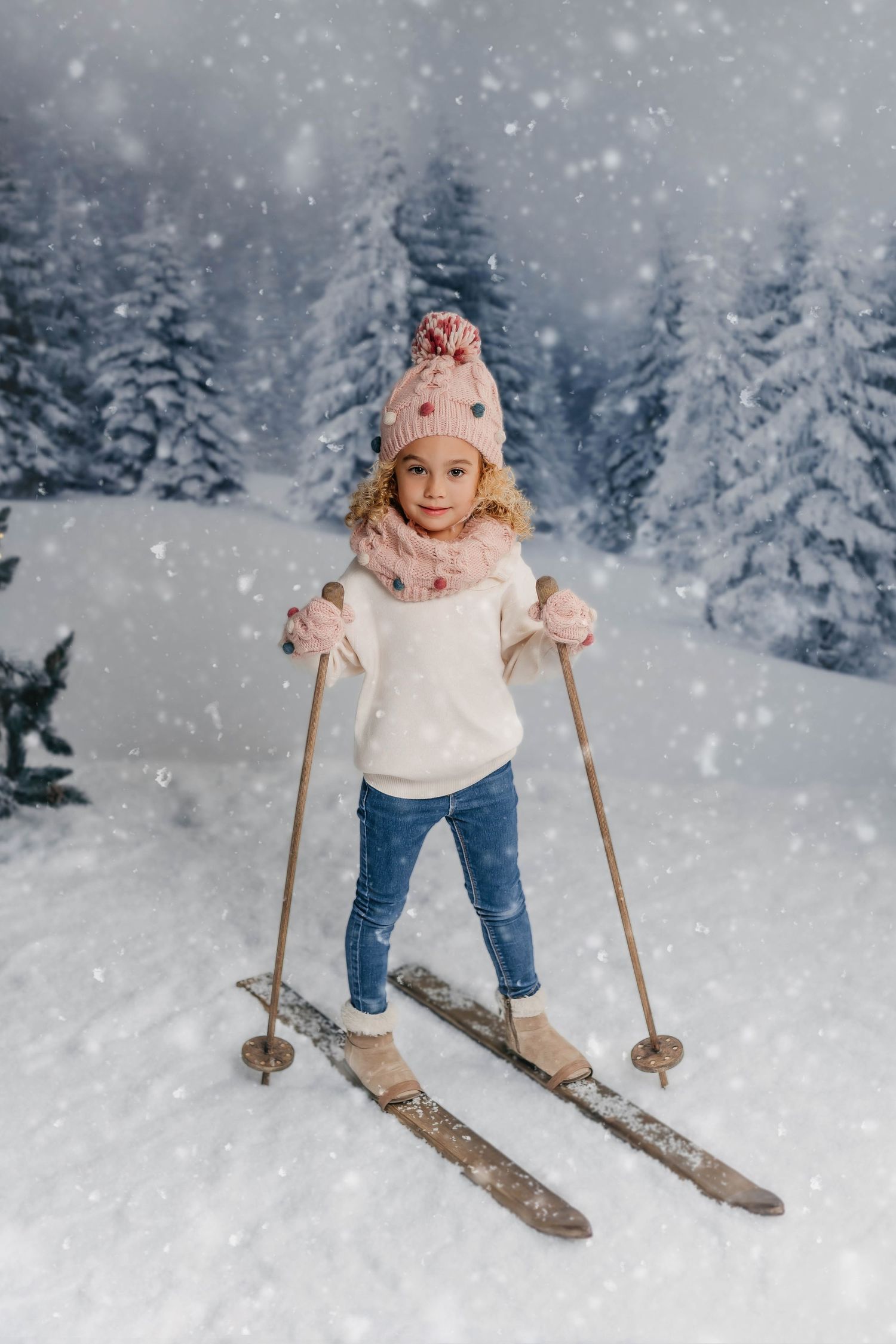 Retrato de una niña disfrutando de una sesión de fotos navideña esquiando con abetos navideños de fondo.
