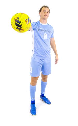 Soccer player in light blue uniform holds yellow ball in various action poses.