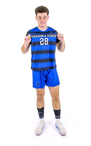 Soccer athlete in striped blue Fredonia State uniform demonstrates jersey display.
