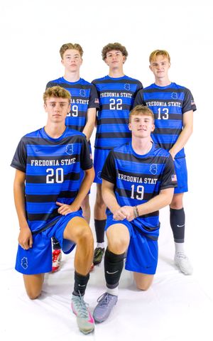 Five soccer players in blue striped Fredonia State uniforms posing for team photo.