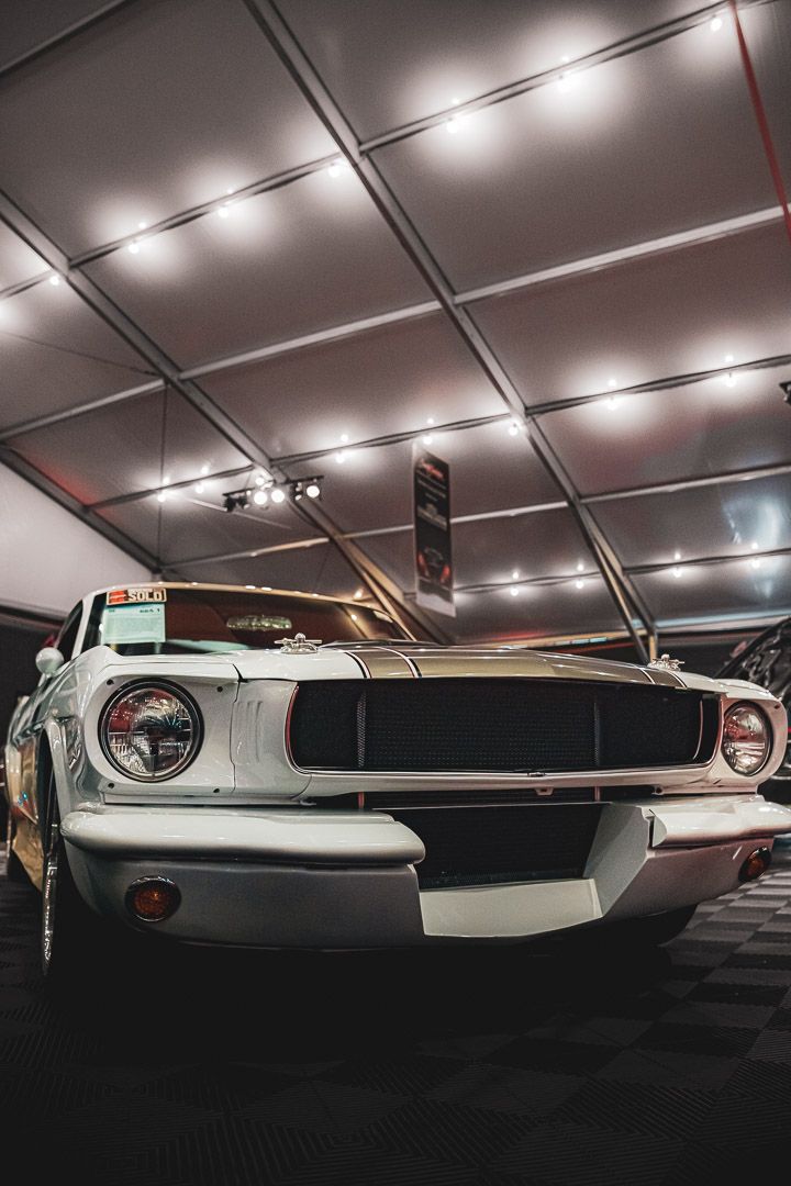 A white Shelby Mustang photographed from multiple low angles showing its sleek front end design and iconic styling details.
