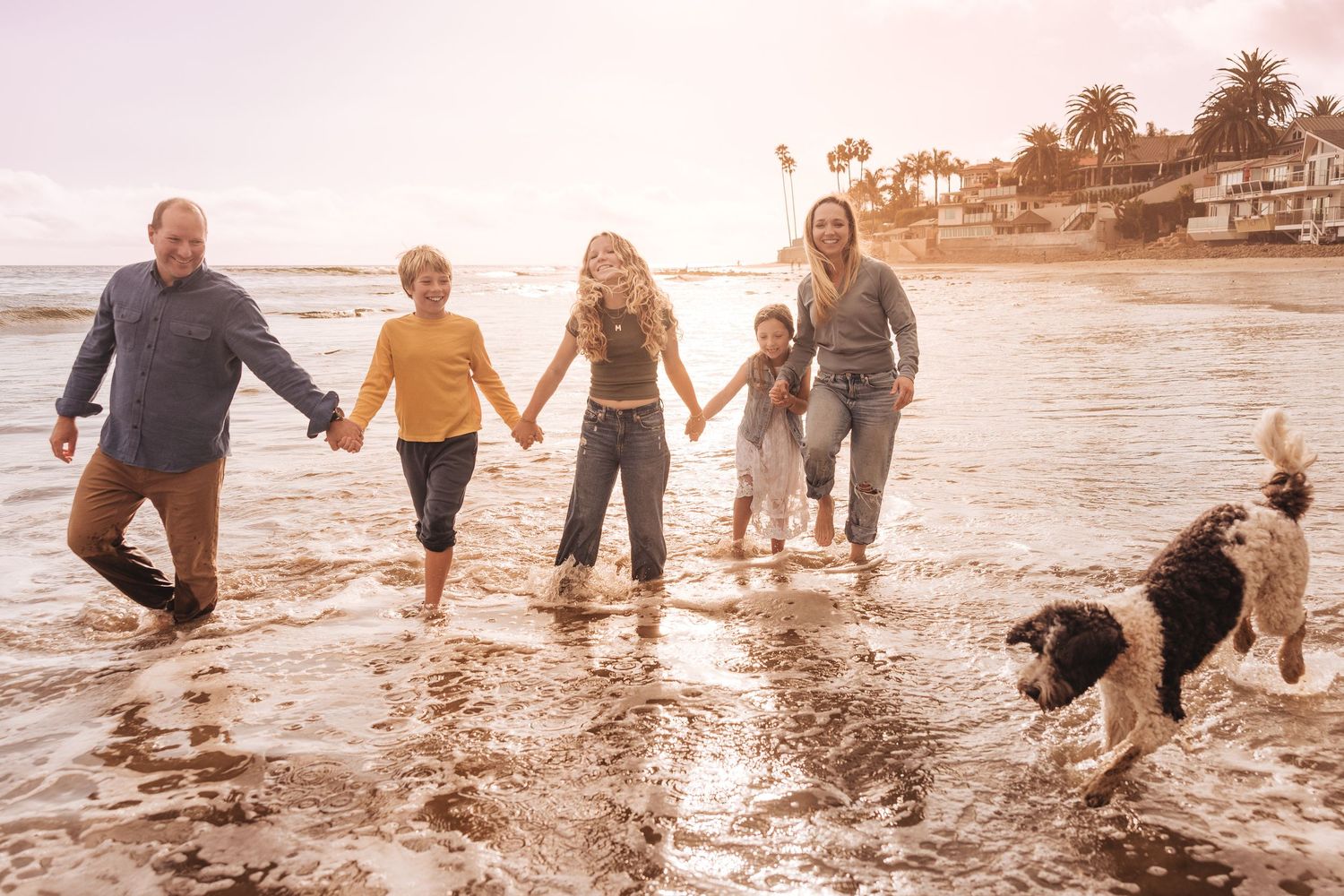 Group holds hands walking along beach at sunset while two dogs play in the surf along California coastline.