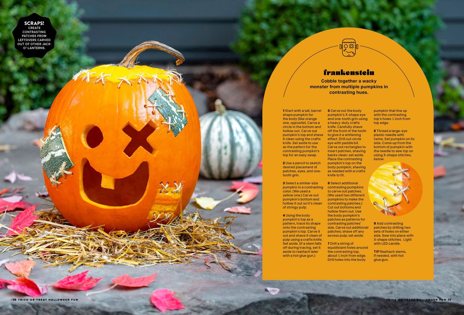 Halloween pumpkin display featuring various carved faces and decorations on outdoor patio. Product photography. Editorial Photography.
