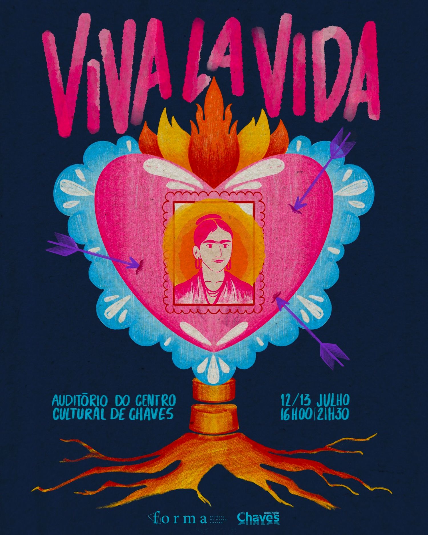 Colorful festival poster design featuring vibrant pink hearts and tree roots against a dark blue background.