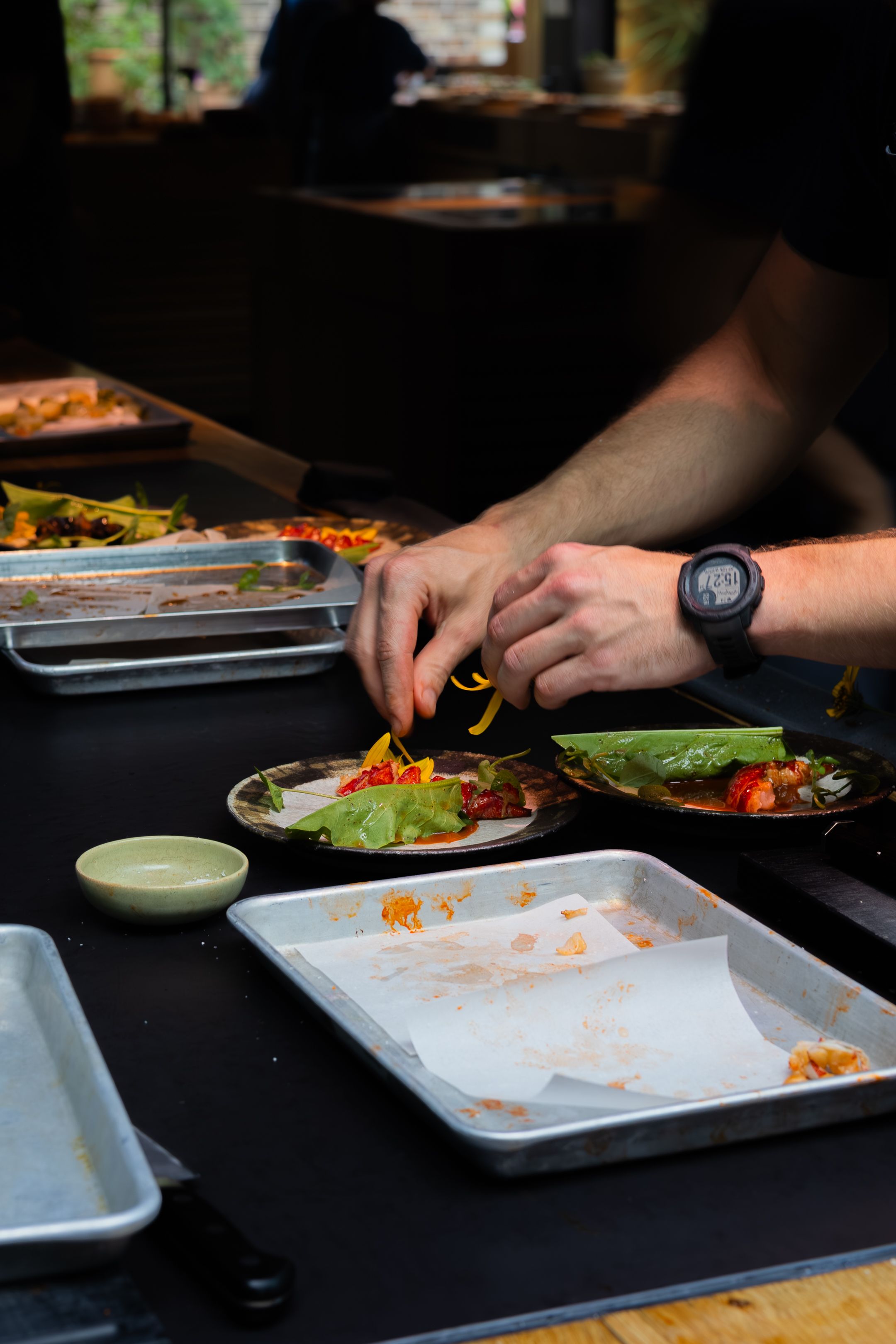 Hands assembling fresh salad ingredients on white rectangular plates in sequence against dark background.