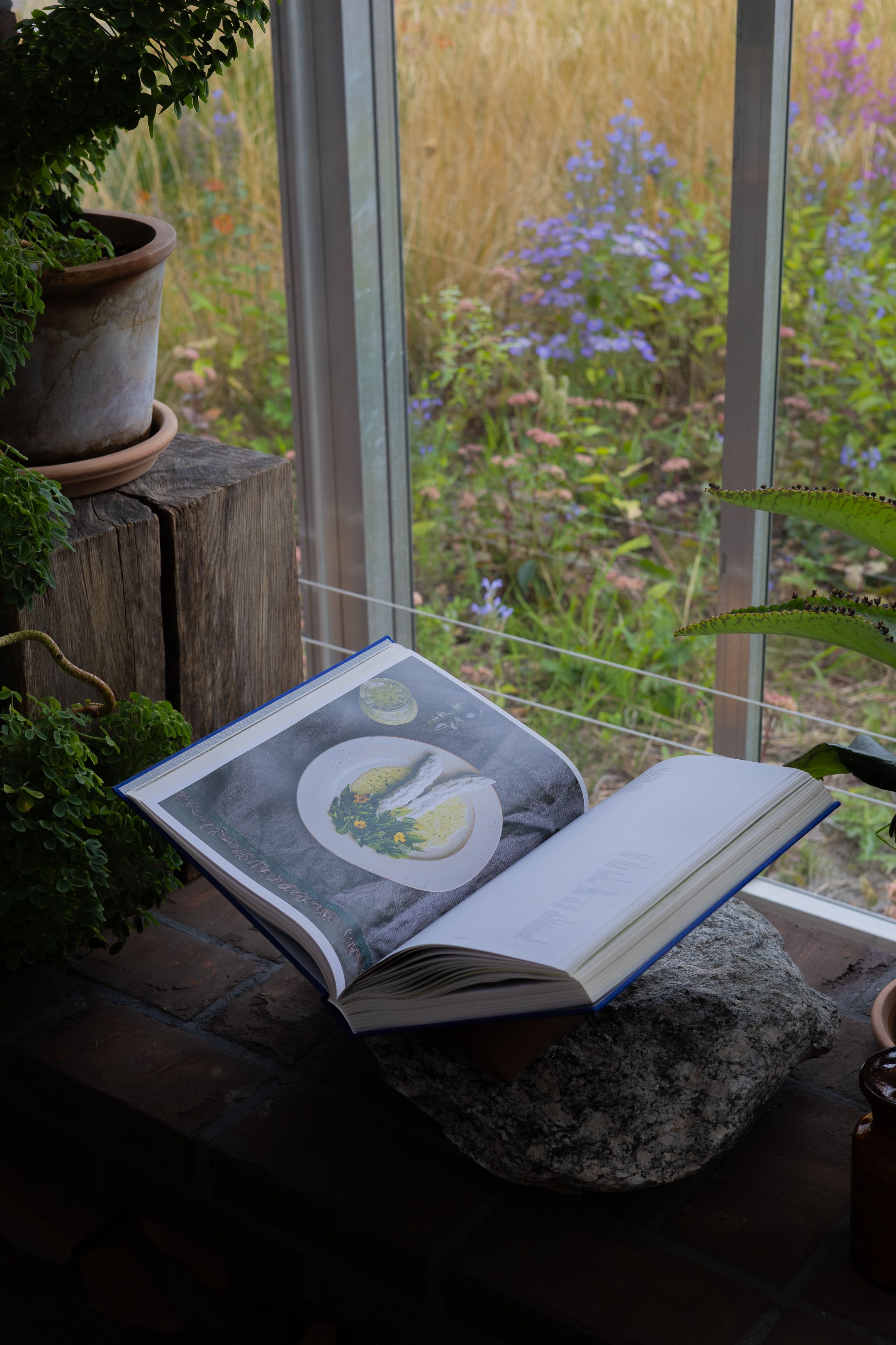 An open cookbook resting on a windowsill with a garden view showing purple flowers and a potted plant on a tree stump.