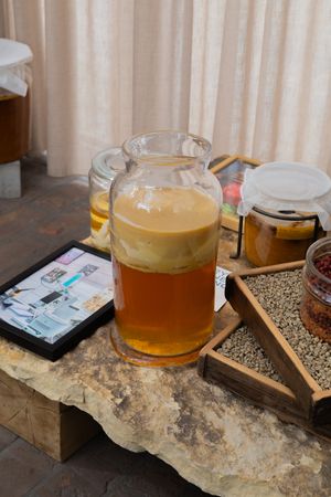 Tea and ingredients are artfully displayed on a rustic stone ledge with glass teapots and wooden serving trays.