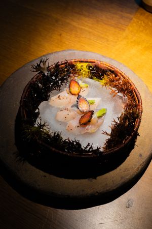 Elegant plated dish with delicate garnishes served on a dark plate under warm lighting.