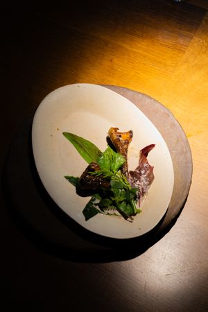 Fresh herbs and leafy greens artistically plated on a white ceramic dish.