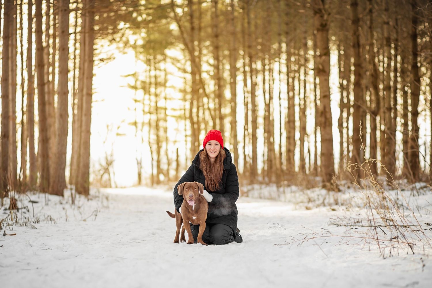 Girl with read beanie and her dog in a winter scenery